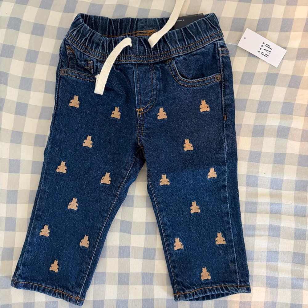 GAP Kids Navy Denim Jogger Pants with Tan Bear Embroidery
